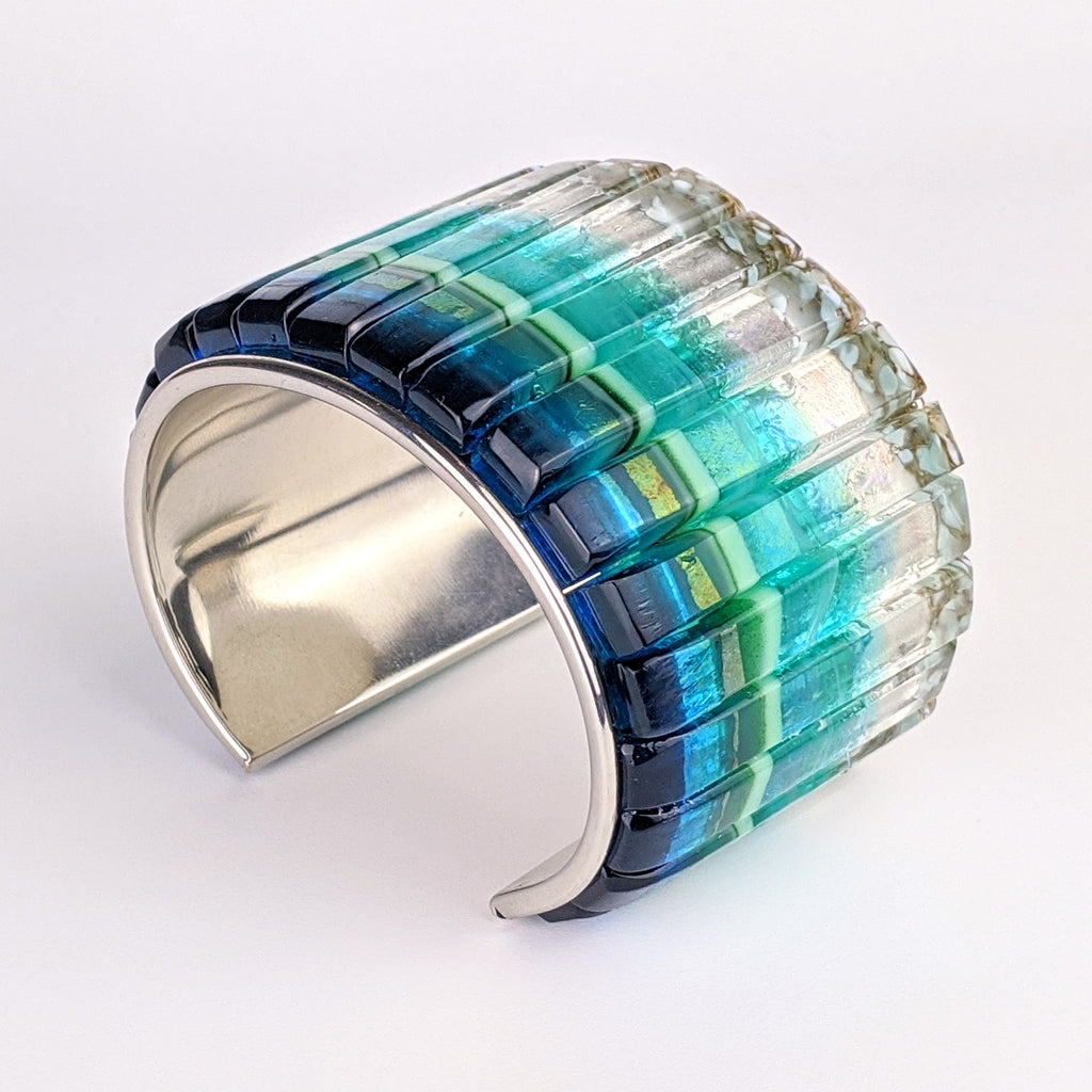 Ocean Blue Cuff Statement Bracelet, X-Large Fused Dichroic Glass Handmade Art Fashion Jewelry