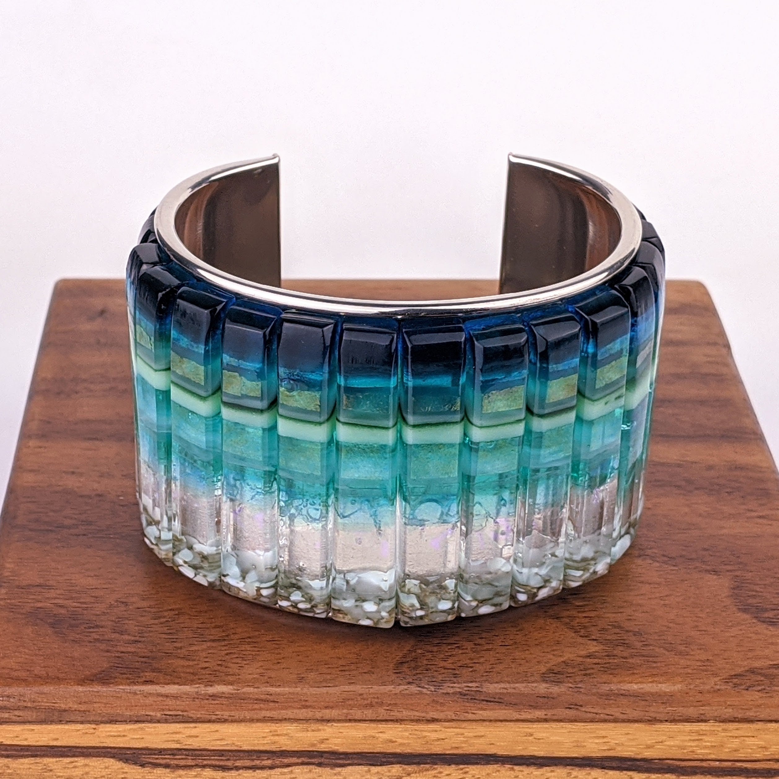 Ocean Blue Cuff Statement Bracelet, X-Large Fused Dichroic Glass Handmade Art Fashion Jewelry