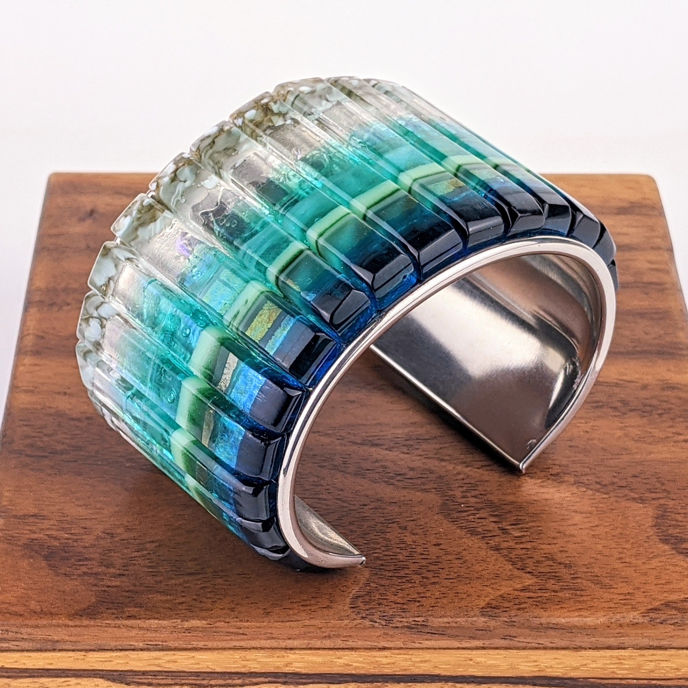 Ocean Blue Cuff Statement Bracelet, X-Large Fused Dichroic Glass Handmade Art Fashion Jewelry