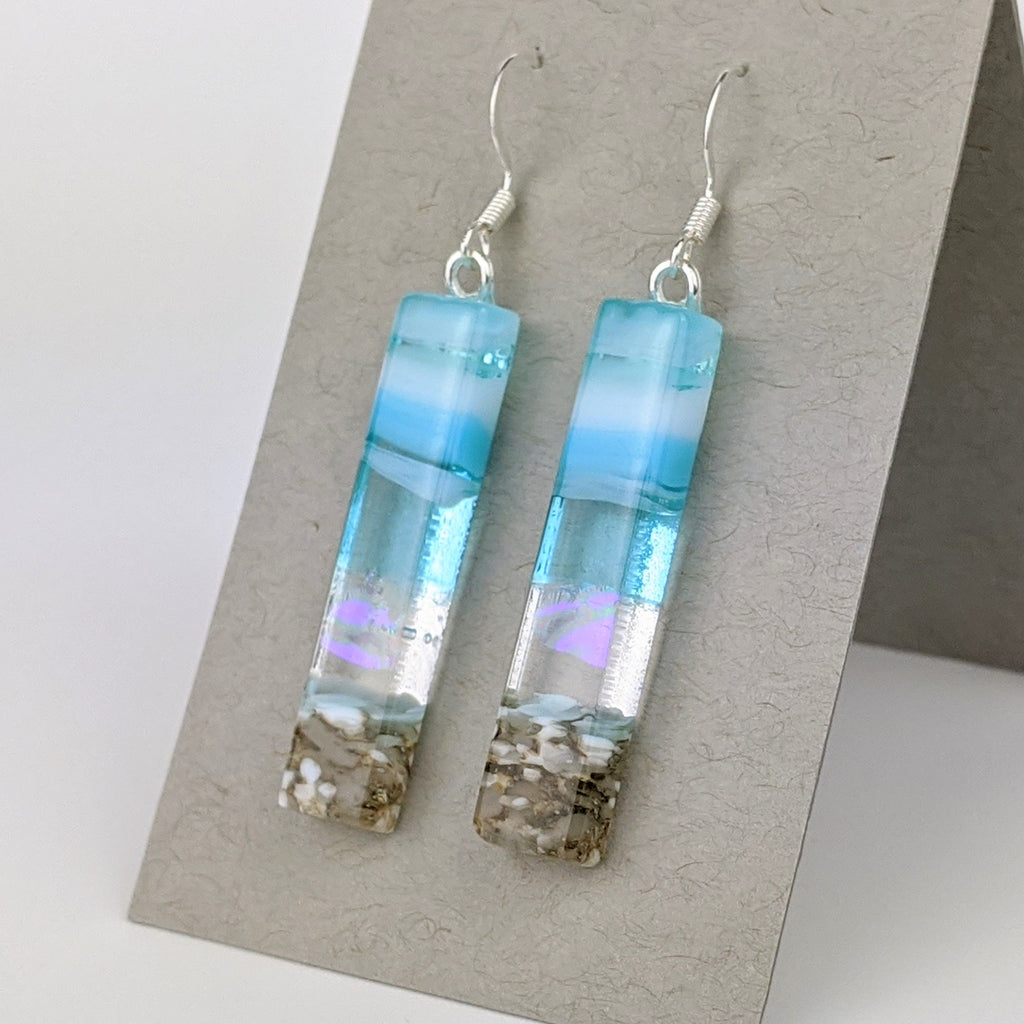 Light Sky Blue Shimmer Fused Dichroic Glass Aquascape Dangle Earrings