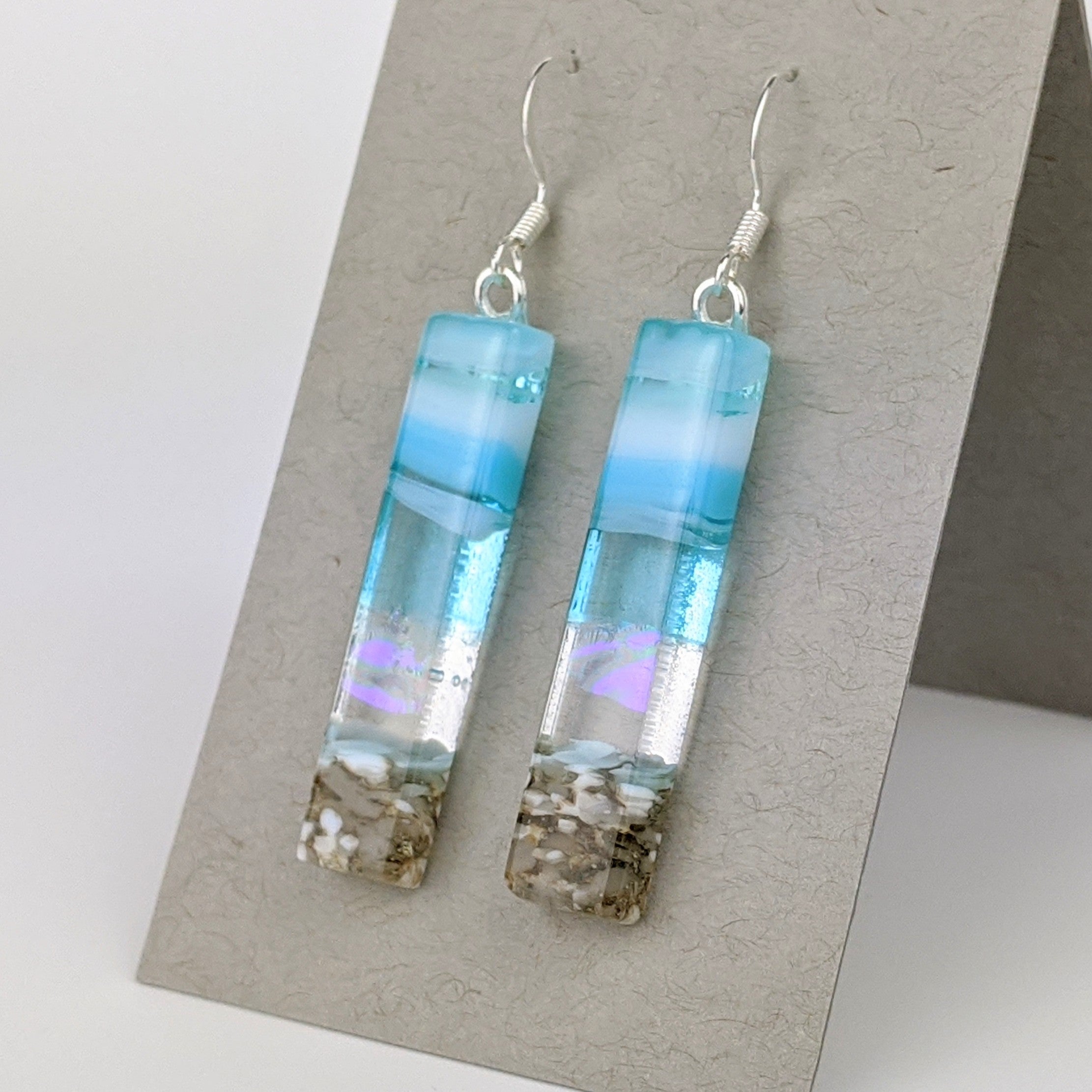 Light Sky Blue Shimmer Fused Dichroic Glass Aquascape Dangle Earrings