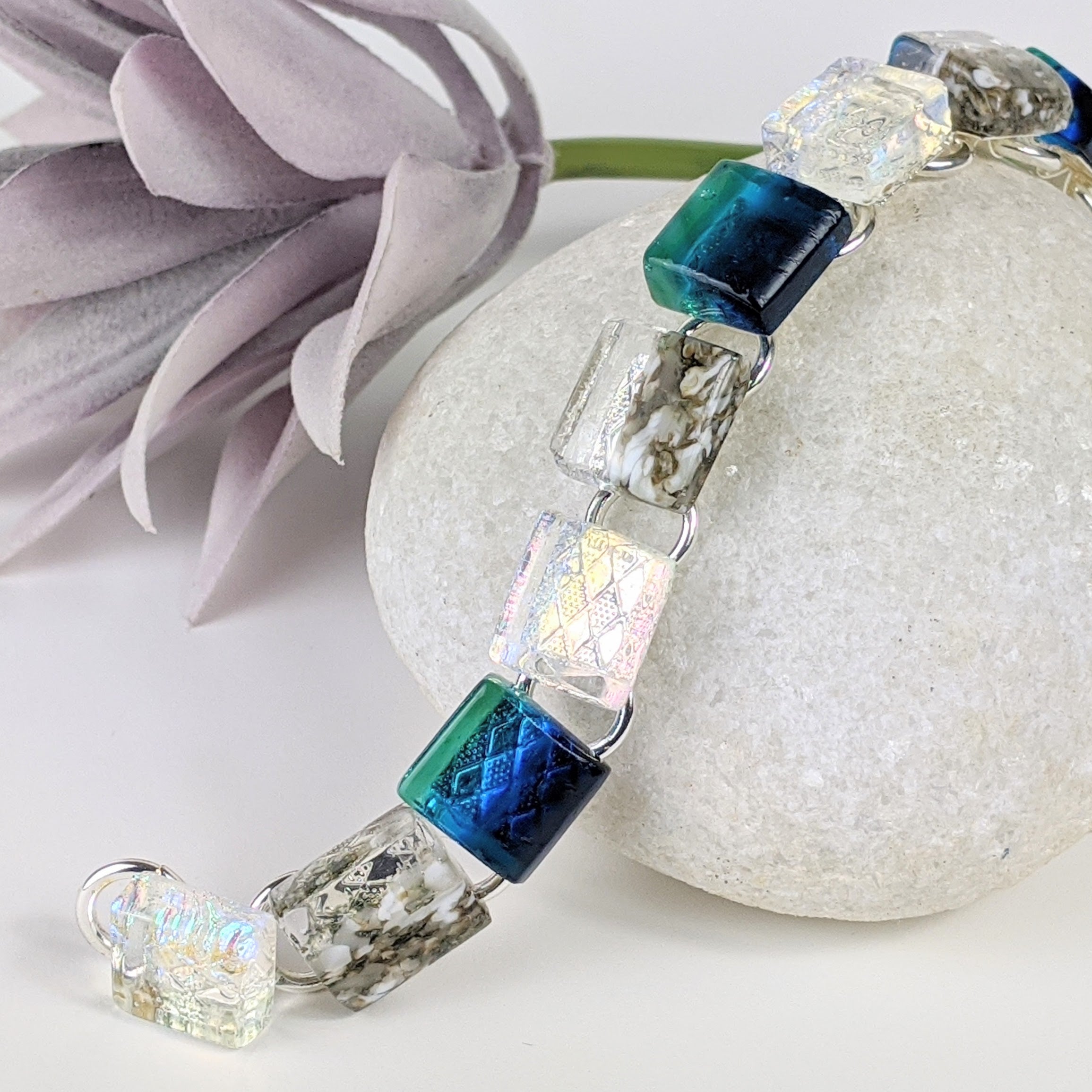 Bright Ocean Blue Link Bracelet, Dichroic Bracelet, Fused Glass Bracelet, Handmade Bracelet
