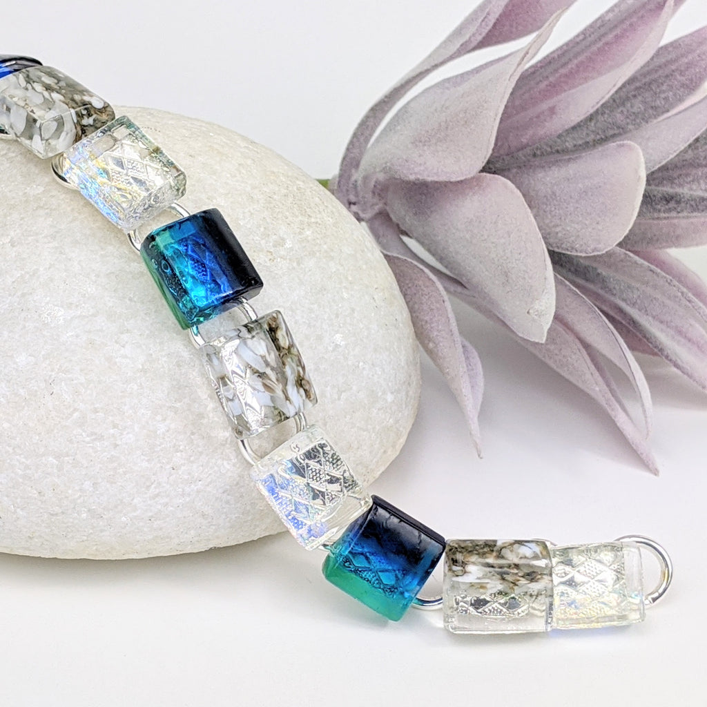 Bright Ocean Blue Link Bracelet, Dichroic Bracelet, Fused Glass Bracelet, Handmade Bracelet