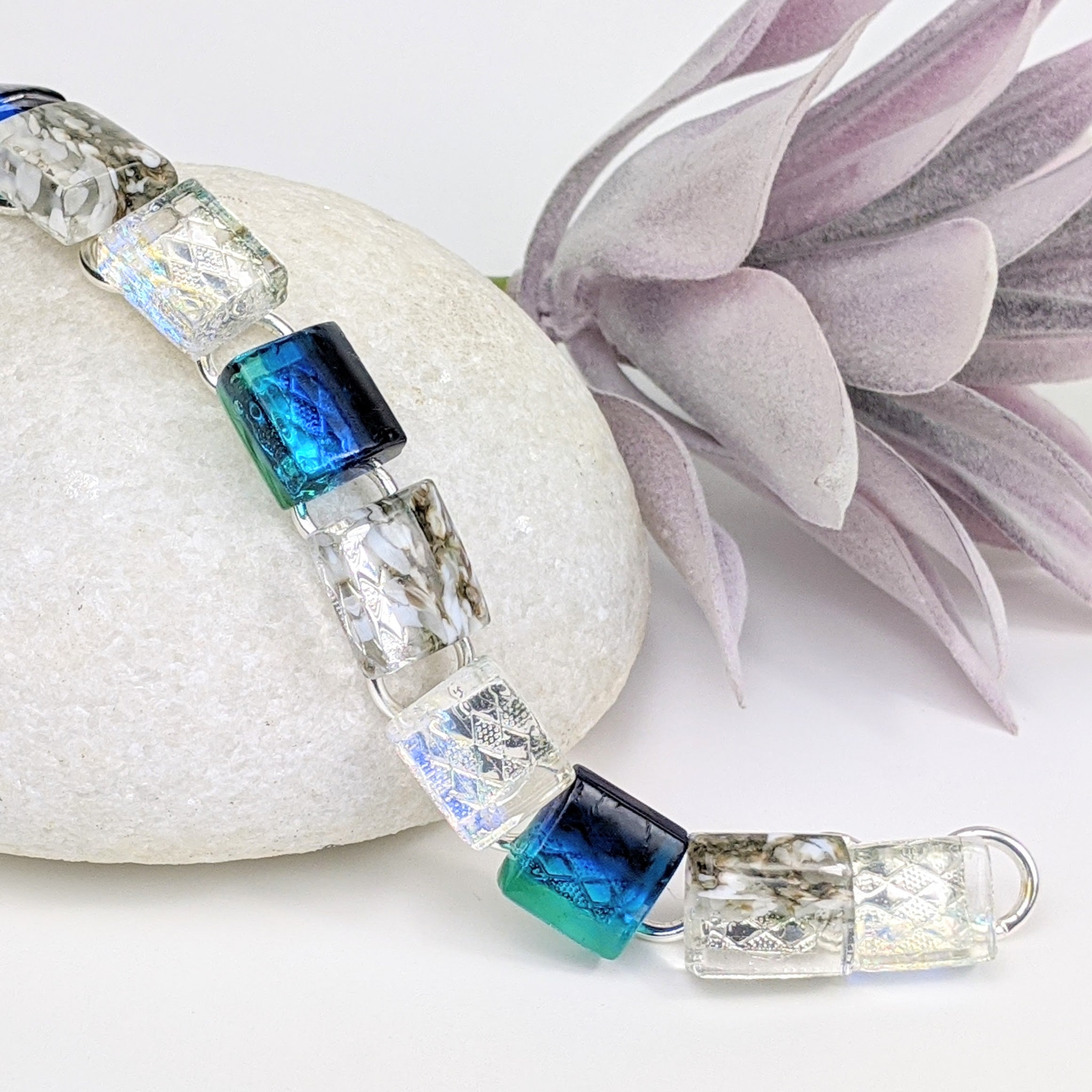 Bright Ocean Blue Link Bracelet, Dichroic Bracelet, Fused Glass Bracelet, Handmade Bracelet