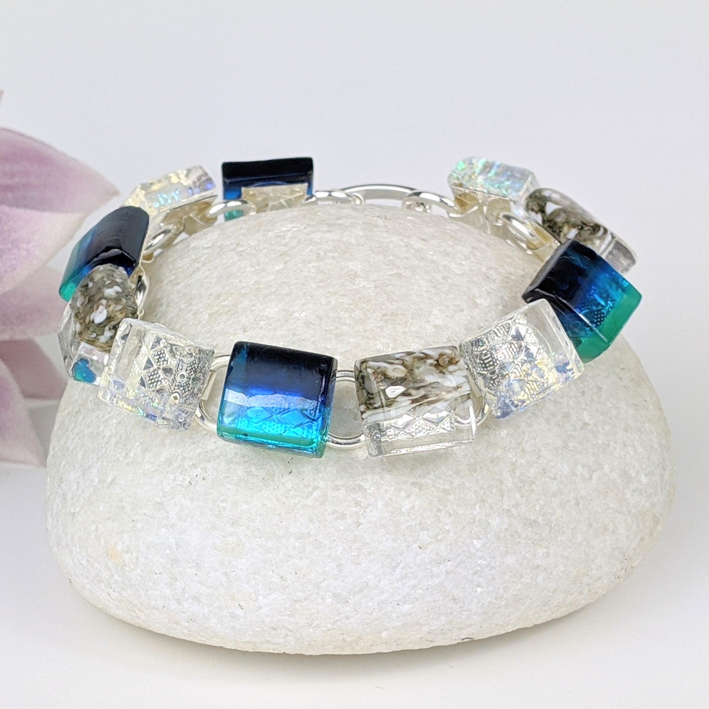 Bright Ocean Blue Link Bracelet, Dichroic Bracelet, Fused Glass Bracelet, Handmade Bracelet
