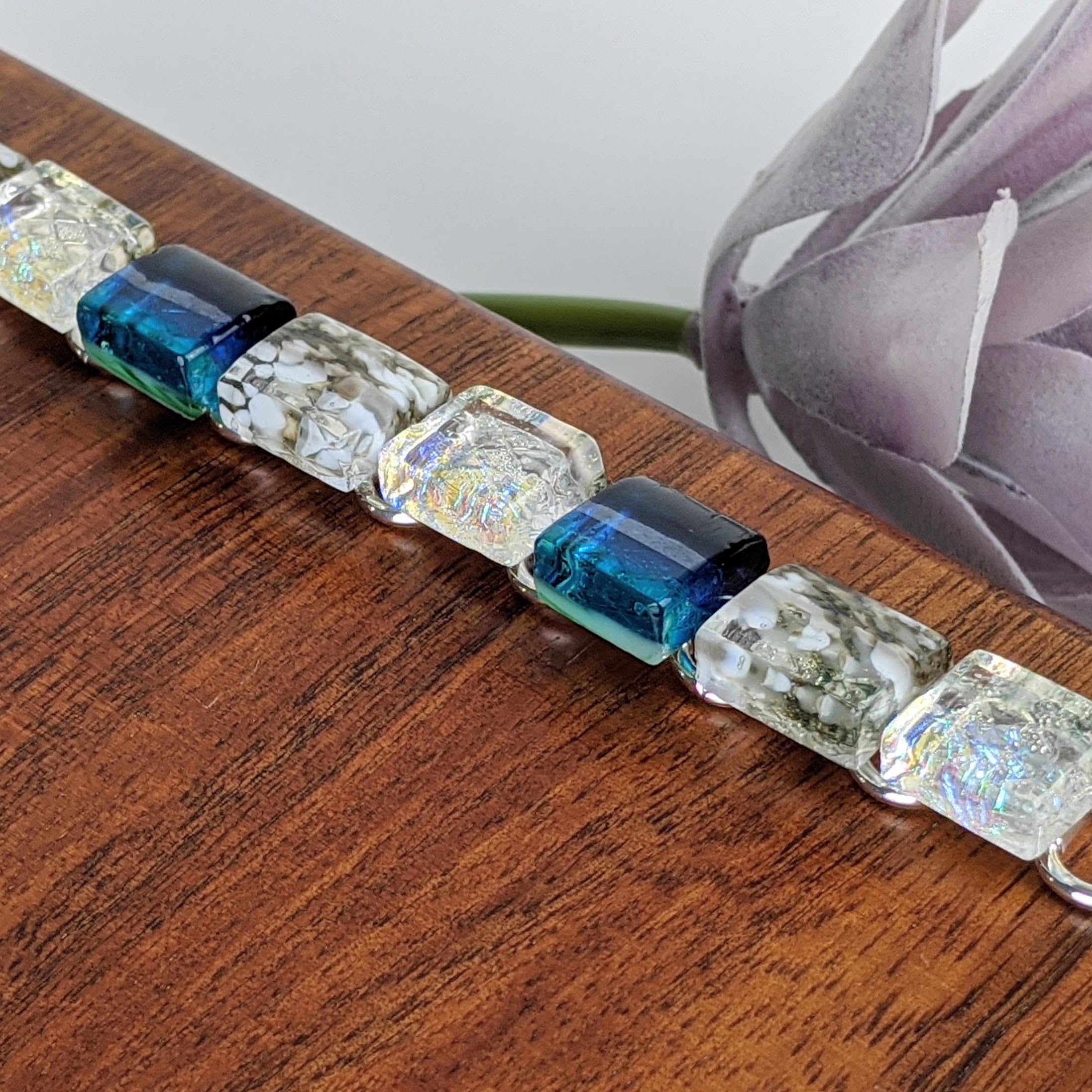Bright Ocean Blue Link Bracelet, Dichroic Bracelet, Fused Glass Bracelet, Handmade Bracelet