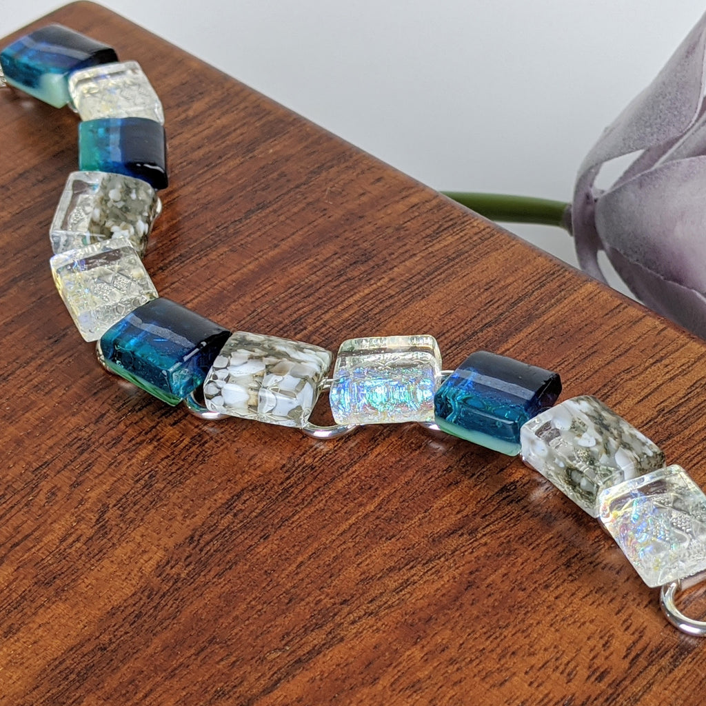 Bright Ocean Blue Link Bracelet, Dichroic Bracelet, Fused Glass Bracelet, Handmade Bracelet