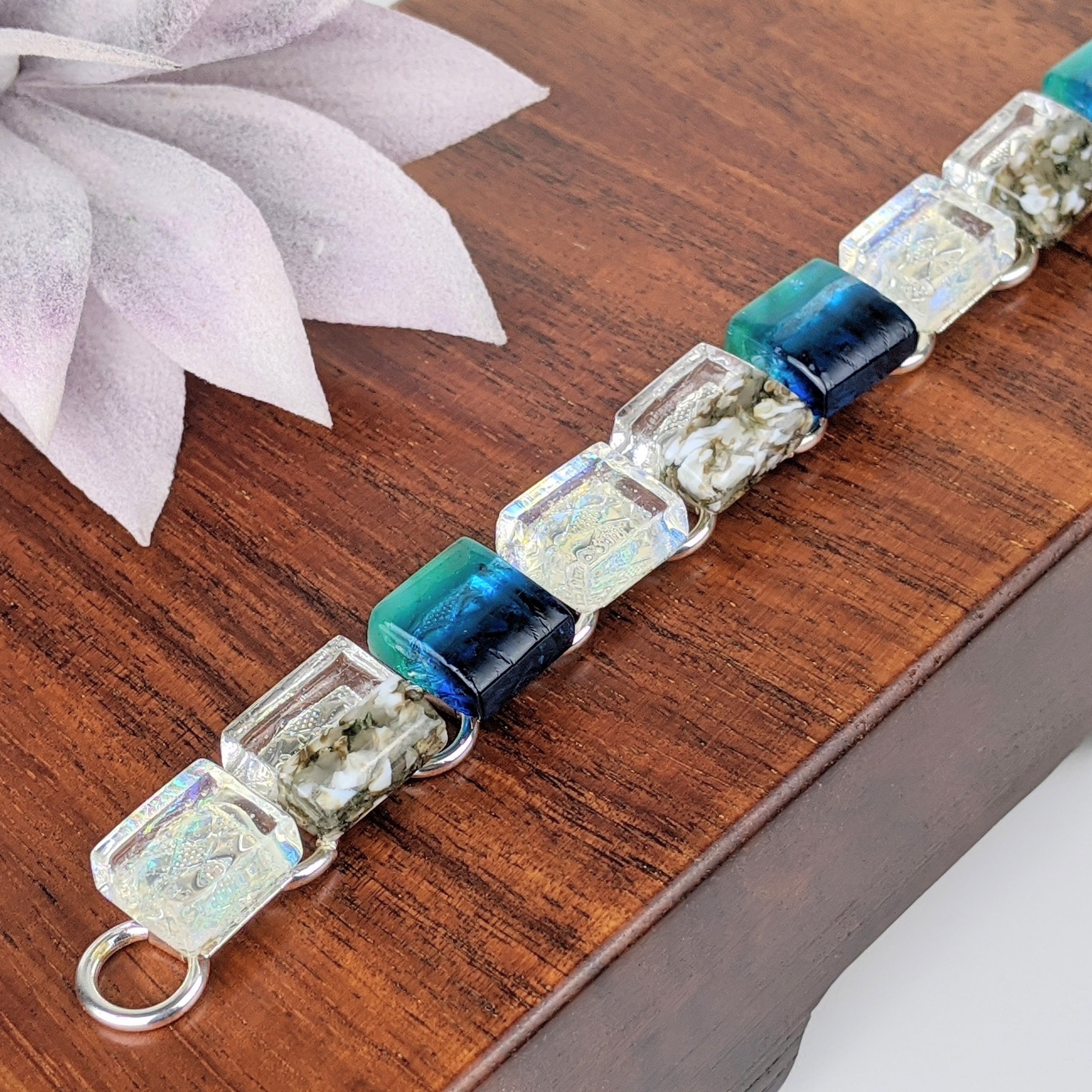 Bright Ocean Blue Link Bracelet, Dichroic Bracelet, Fused Glass Bracelet, Handmade Bracelet