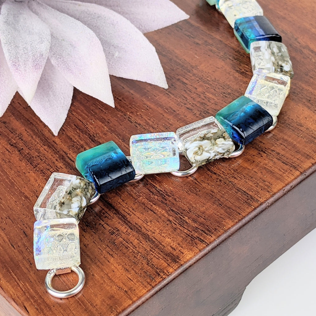 Bright Ocean Blue Link Bracelet, Dichroic Bracelet, Fused Glass Bracelet, Handmade Bracelet