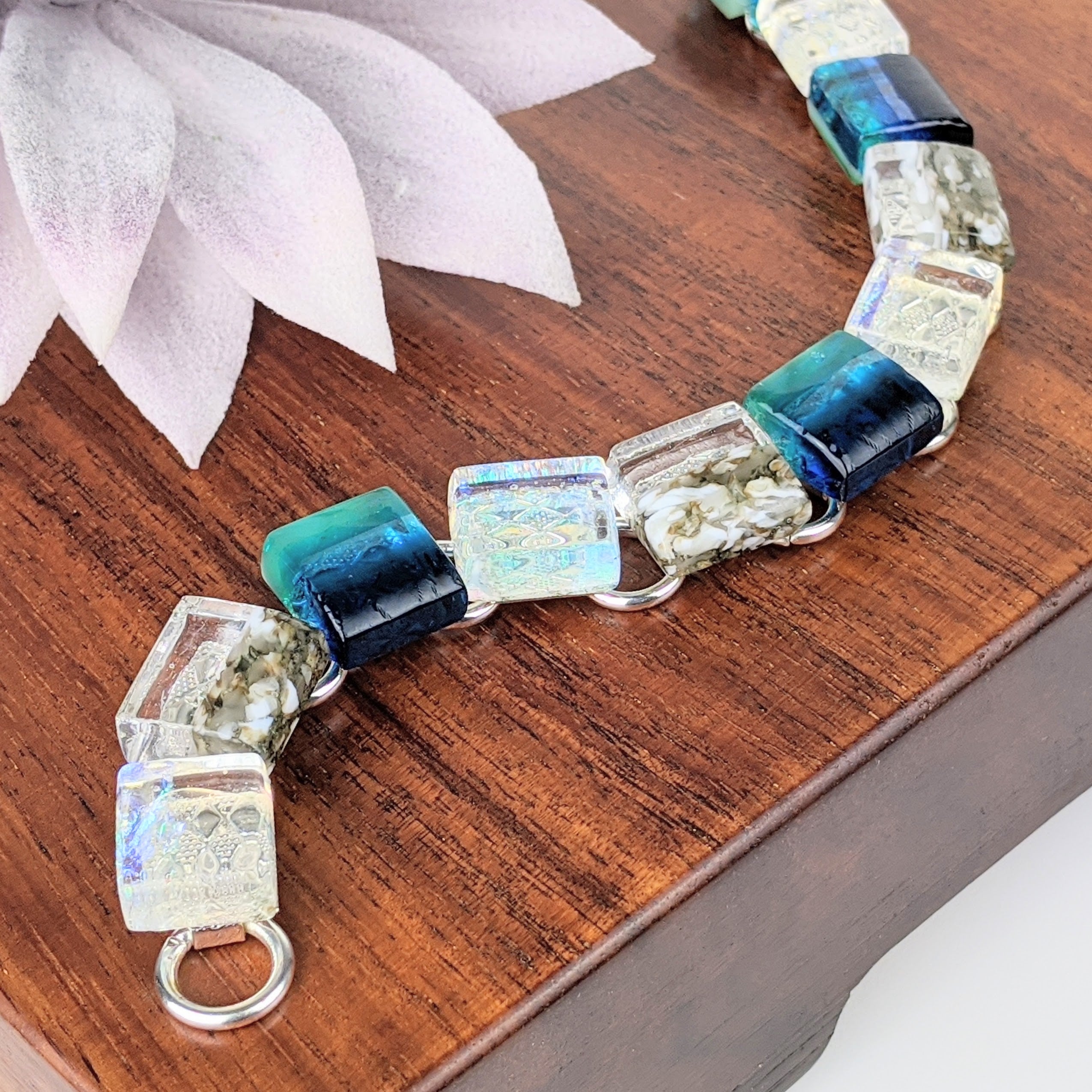 Bright Ocean Blue Link Bracelet, Dichroic Bracelet, Fused Glass Bracelet, Handmade Bracelet