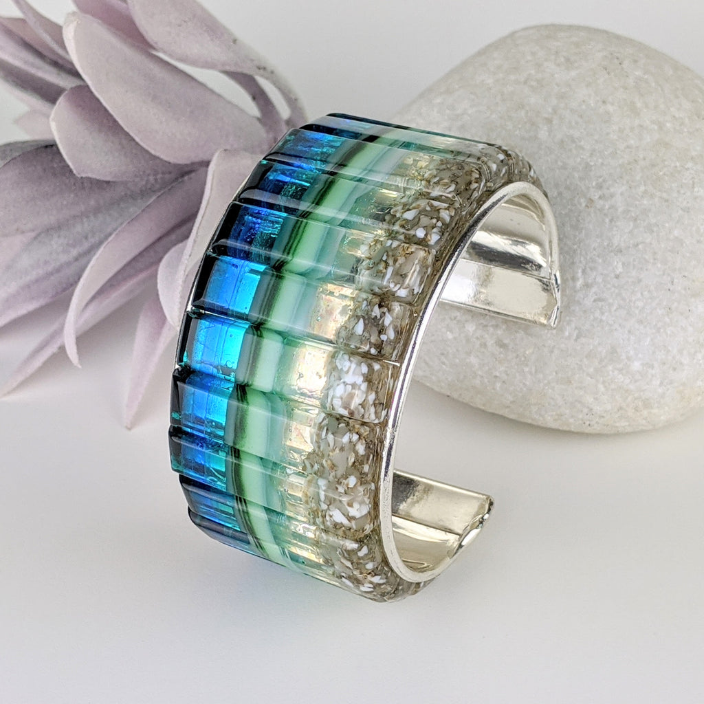 Ocean Blue Cuff Statement Bracelet, Large Fused Dichroic Glass Handmade Art Fashion Jewelry