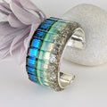 Ocean Blue Cuff Statement Bracelet, Large Fused Dichroic Glass Handmade Art Fashion Jewelry
