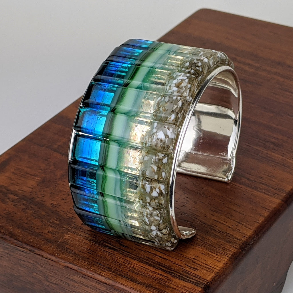 Ocean Blue Cuff Statement Bracelet, Large Fused Dichroic Glass Handmade Art Fashion Jewelry