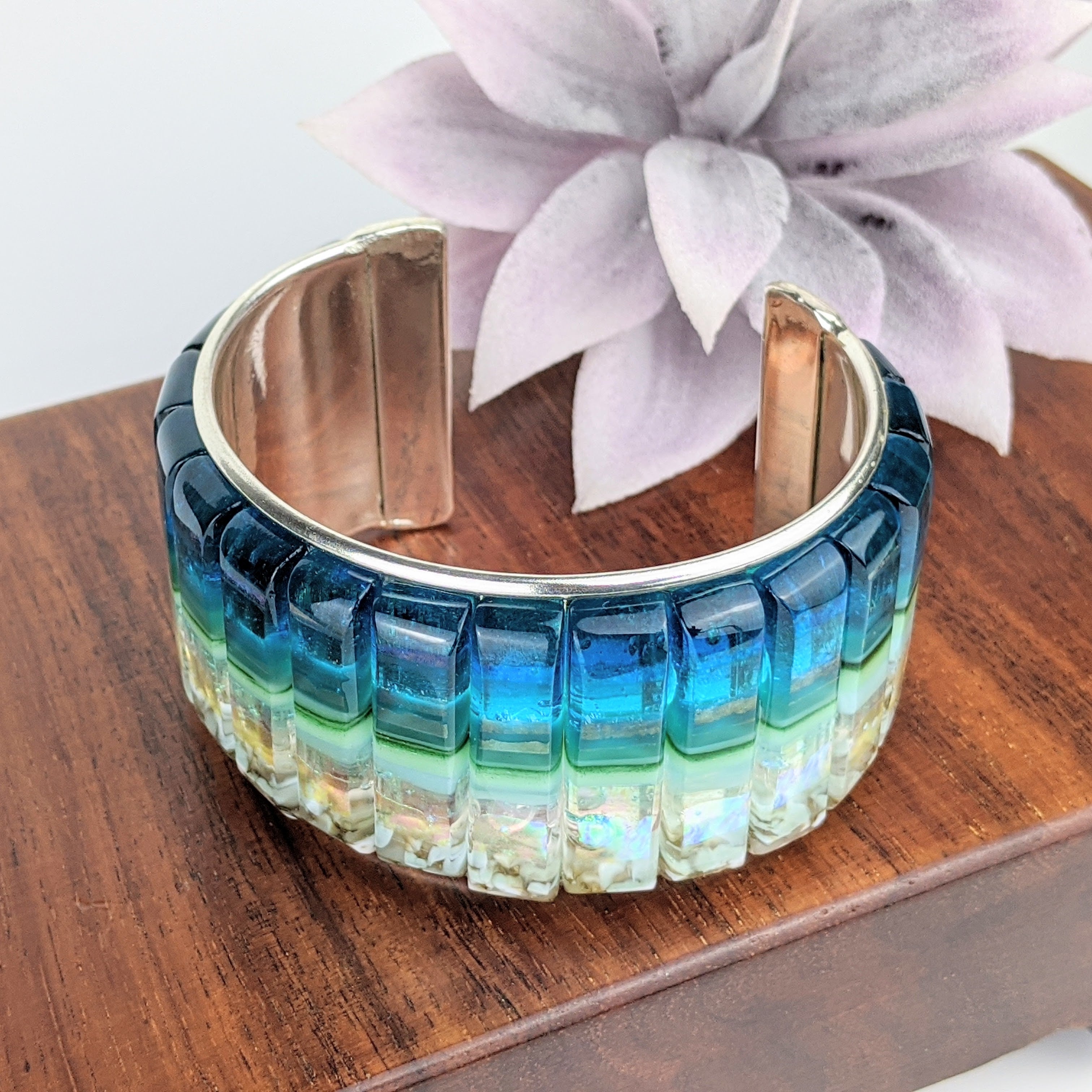 Ocean Blue Cuff Statement Bracelet, Large Fused Dichroic Glass Handmade Art Fashion Jewelry