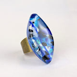 Blue Silver Statement Ring, Chunky Cocktail Big Bold Adjustable Fused Dichroic Glass Ring