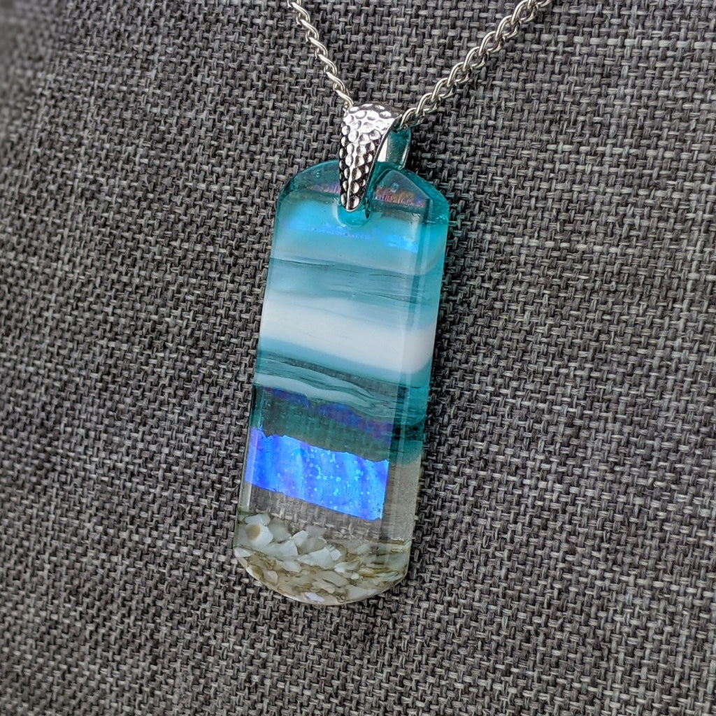 Light Sky Blue Shimmer Fused Dichroic Glass Aquascape Necklace