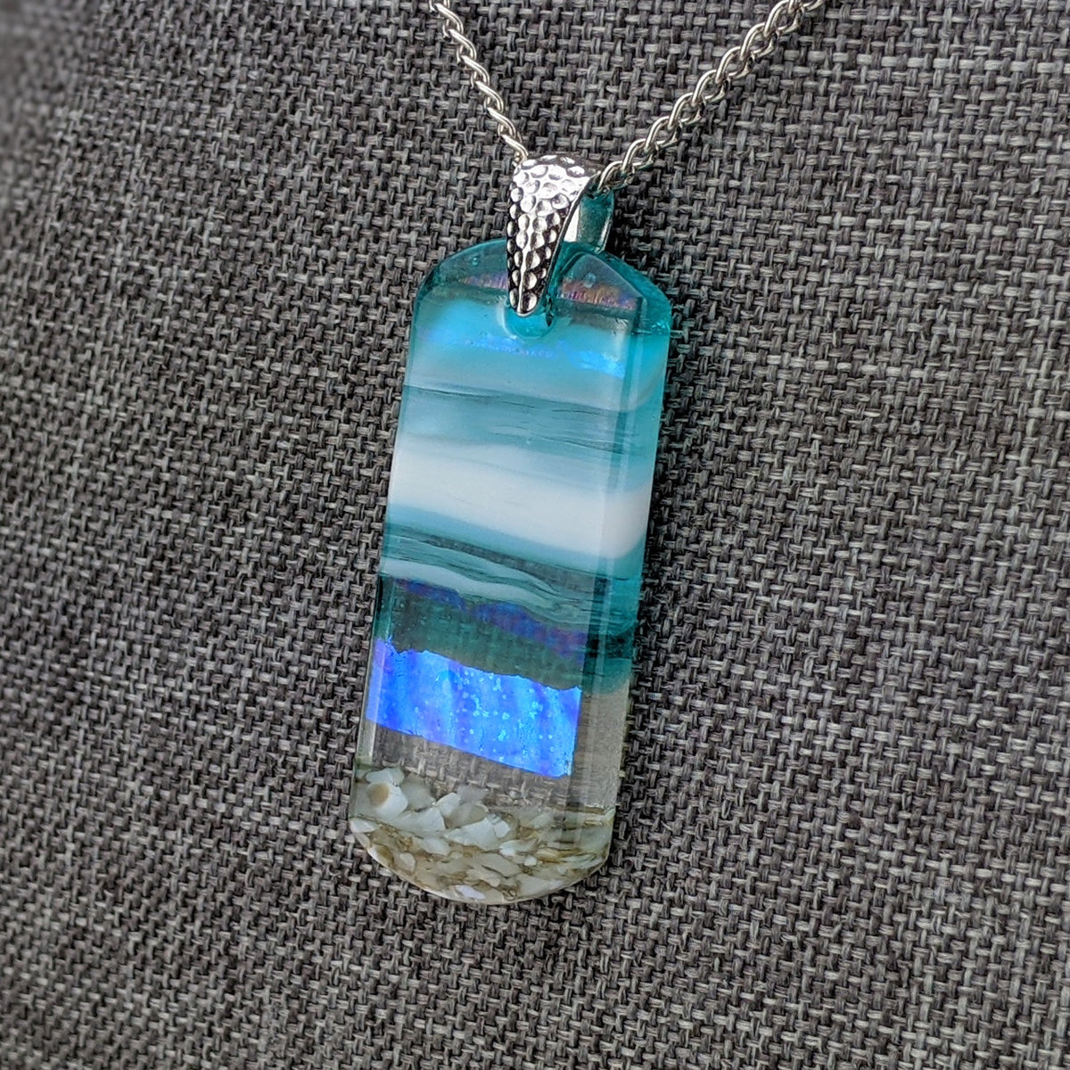 Light Sky Blue Shimmer Fused Dichroic Glass Aquascape Necklace