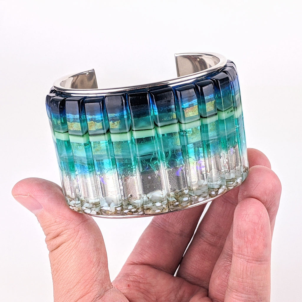 Ocean Blue Cuff Statement Bracelet, X-Large Fused Dichroic Glass Handmade Art Fashion Jewelry