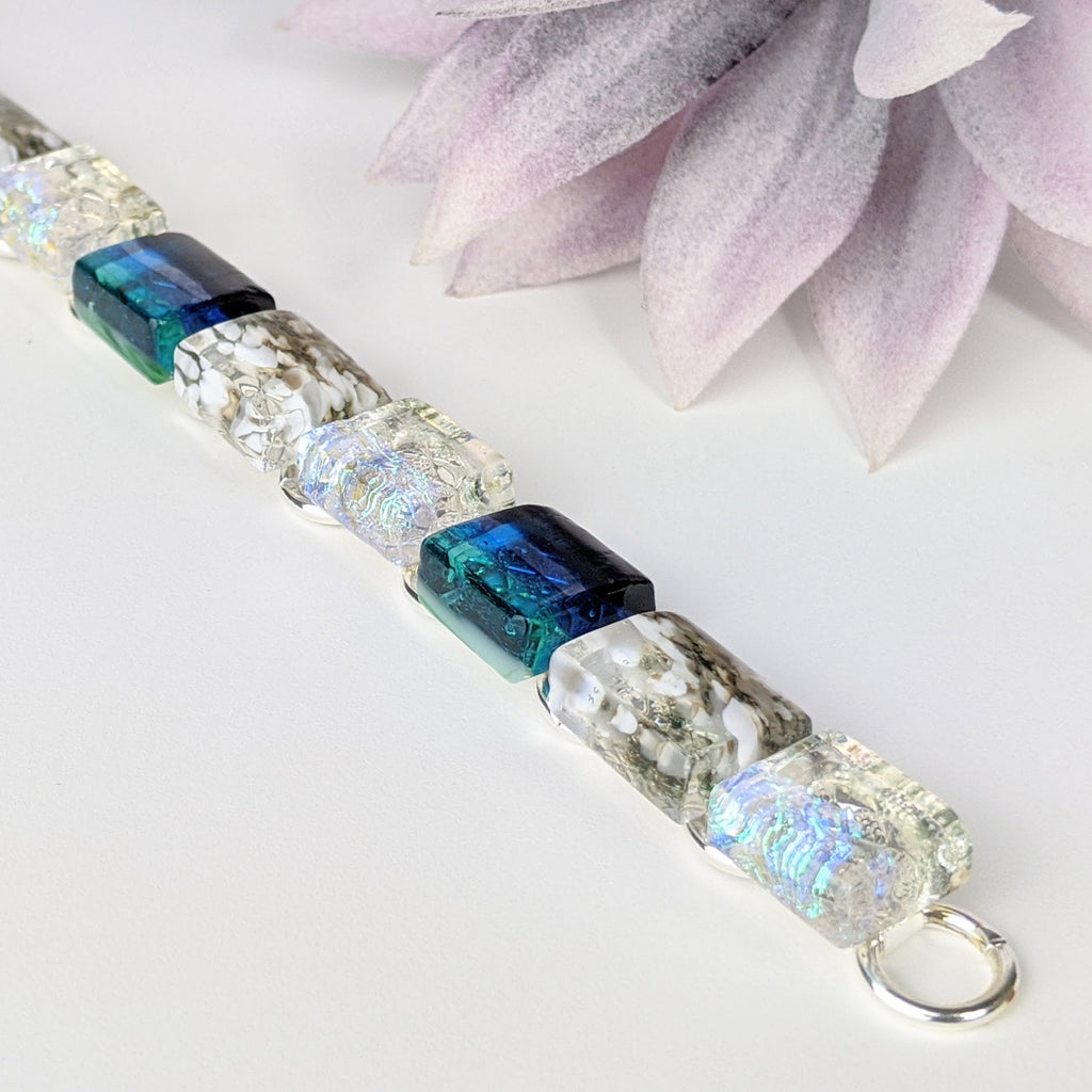 Bright Ocean Blue Link Bracelet, Dichroic Bracelet, Fused Glass Bracelet, Handmade Bracelet
