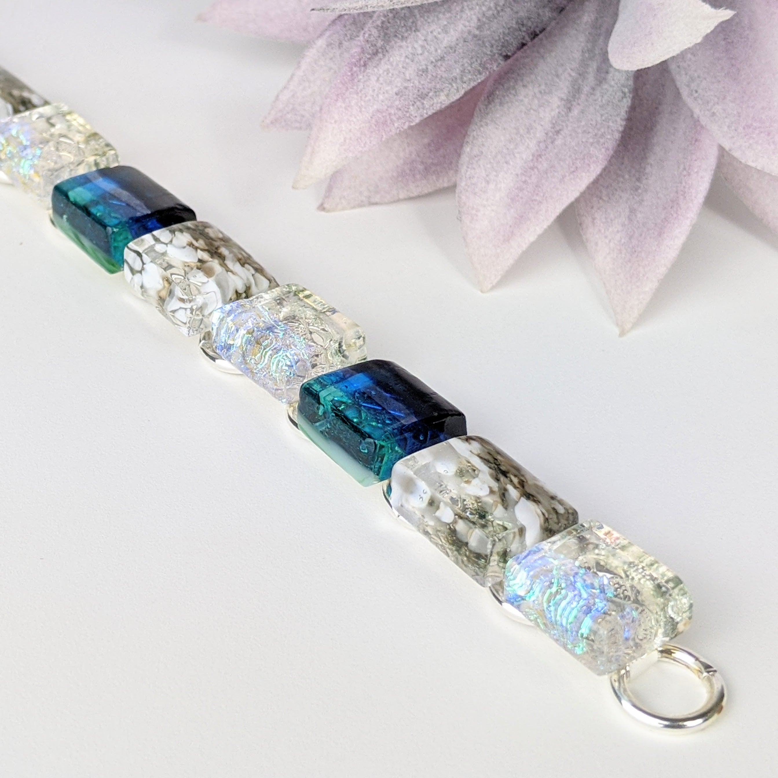 Bright Ocean Blue Link Bracelet, Dichroic Bracelet, Fused Glass Bracelet, Handmade Bracelet