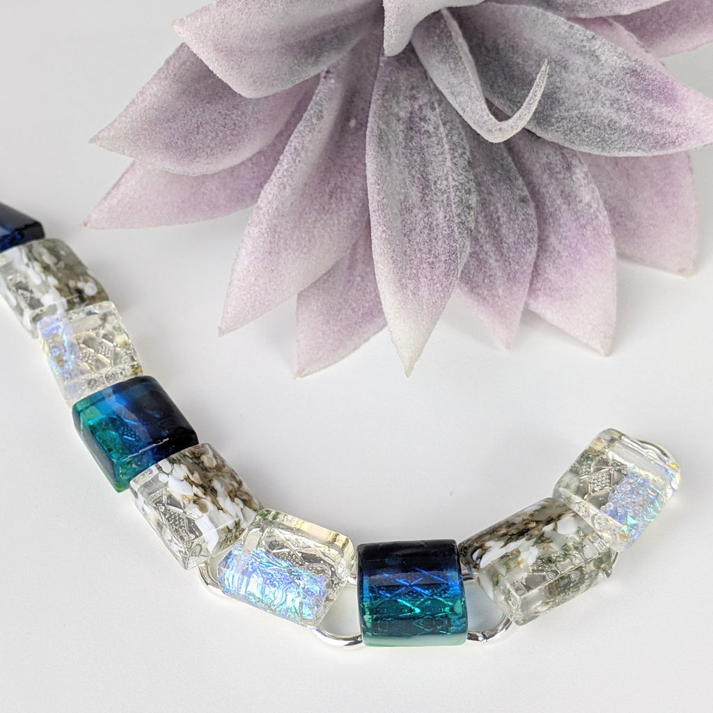 Bright Ocean Blue Link Bracelet, Dichroic Bracelet, Fused Glass Bracelet, Handmade Bracelet