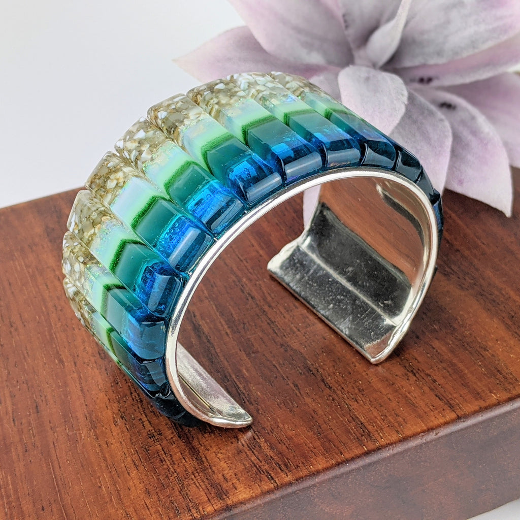 Ocean Blue Cuff Statement Bracelet, Large Fused Dichroic Glass Handmade Art Fashion Jewelry