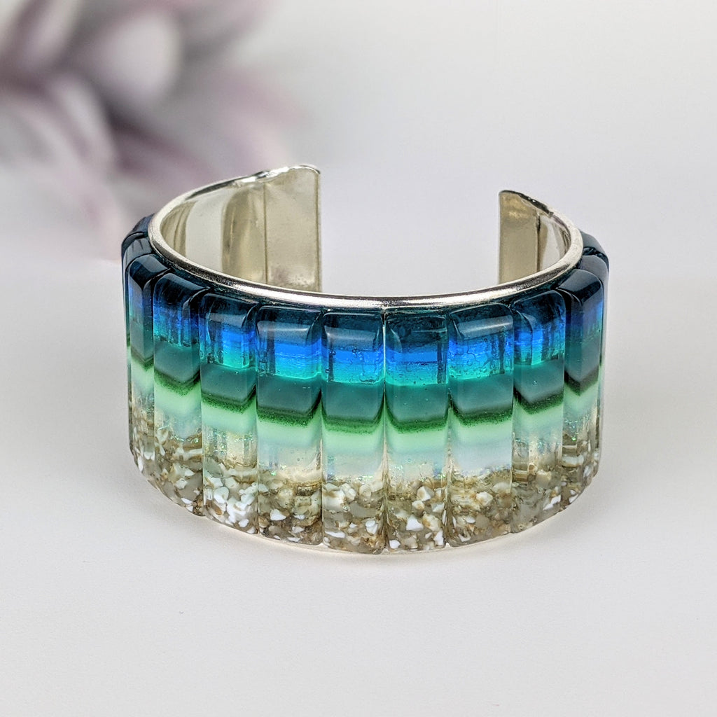 Ocean Blue Cuff Statement Bracelet, Large Fused Dichroic Glass Handmade Art Fashion Jewelry