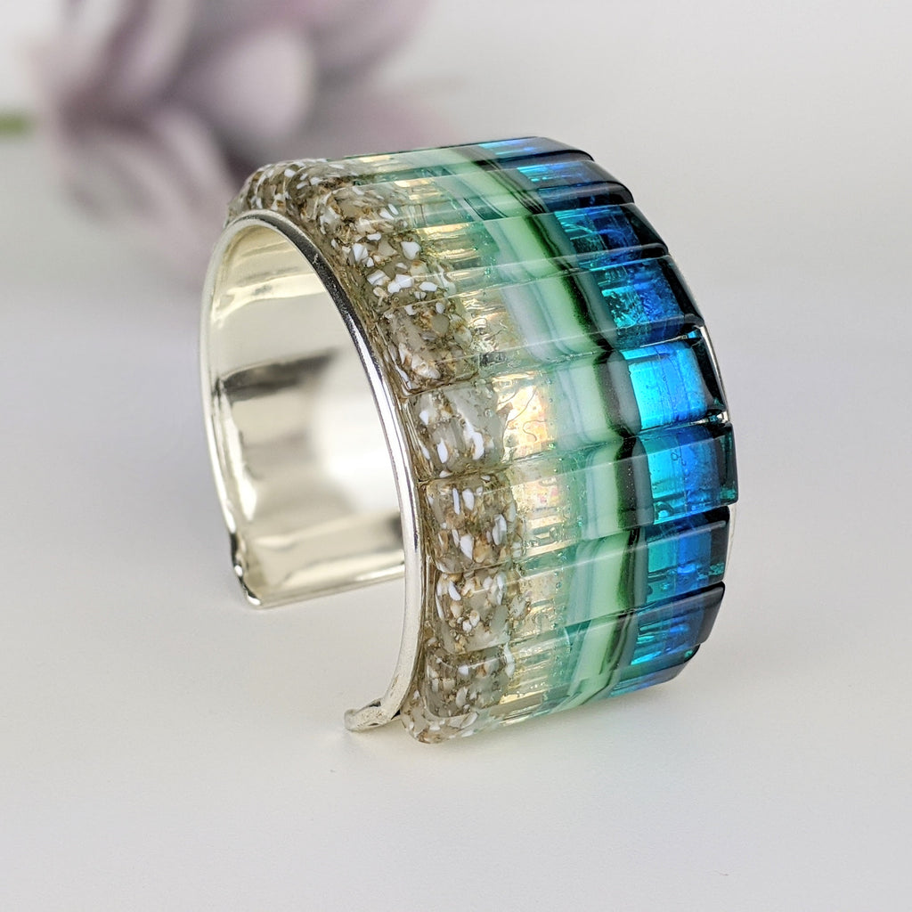 Ocean Blue Cuff Statement Bracelet, Large Fused Dichroic Glass Handmade Art Fashion Jewelry
