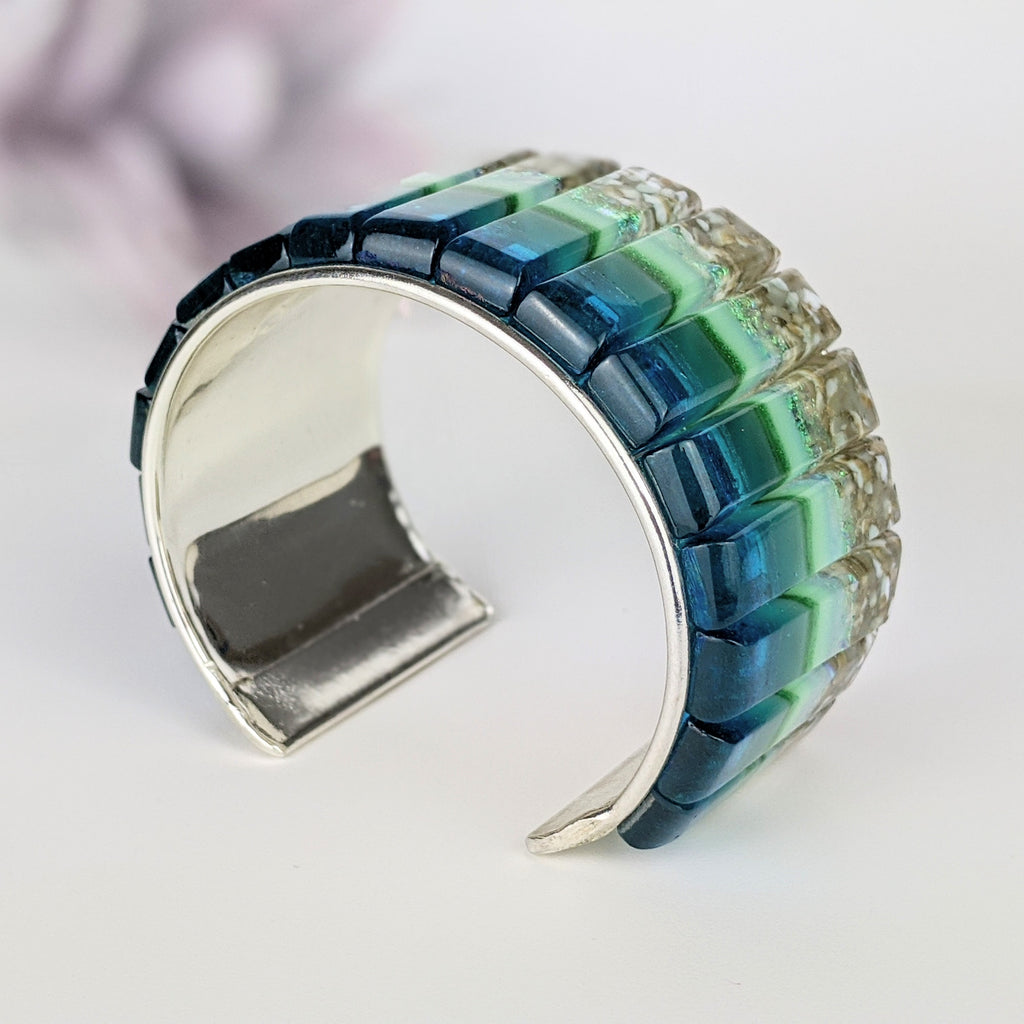 Ocean Blue Cuff Statement Bracelet, Large Fused Dichroic Glass Handmade Art Fashion Jewelry