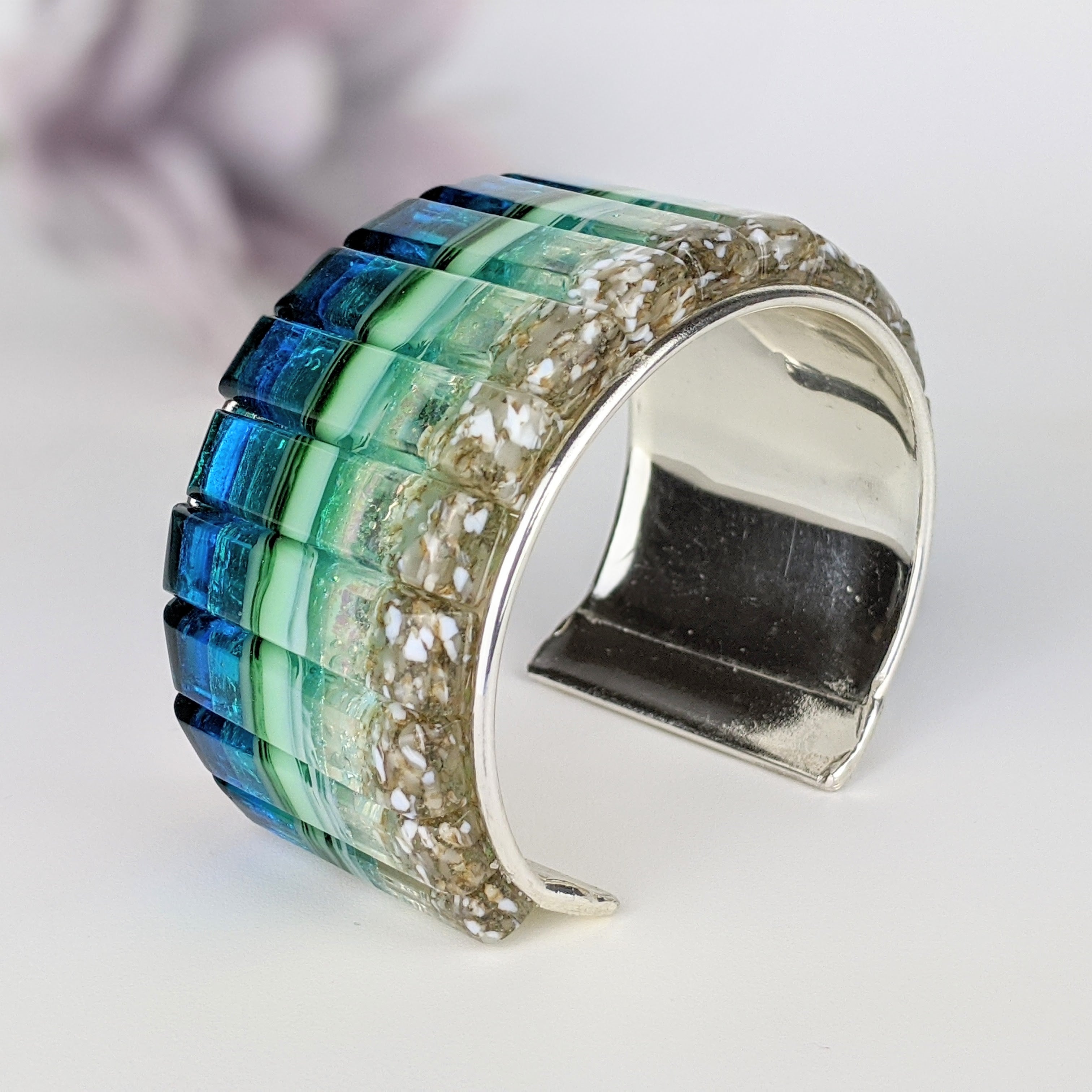 Ocean Blue Cuff Statement Bracelet, Large Fused Dichroic Glass Handmade Art Fashion Jewelry