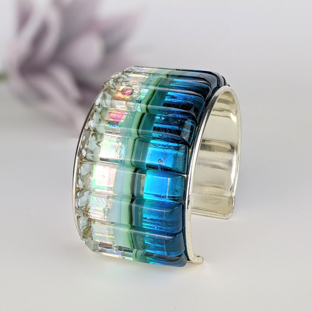 Ocean Blue Cuff Statement Bracelet, Large Fused Dichroic Glass Handmade Art Fashion Jewelry
