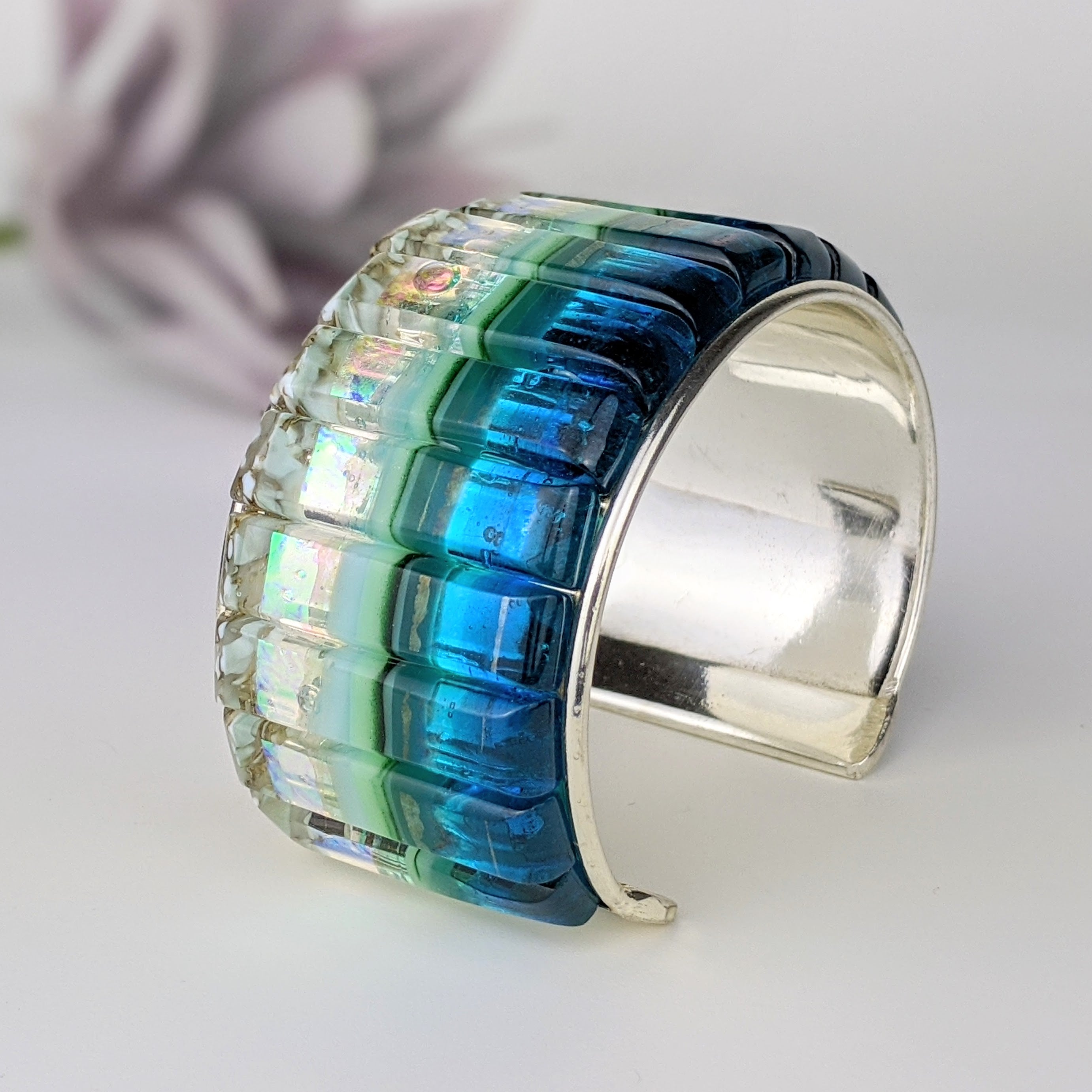Ocean Blue Cuff Statement Bracelet, Large Fused Dichroic Glass Handmade Art Fashion Jewelry