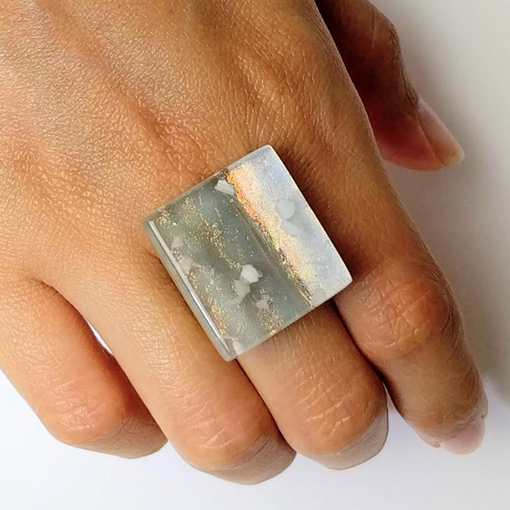 White And Gold Statement Ring, Cocktail Ring, Chunky Ring, Glass Ring, Big Bold Adjustable Ring