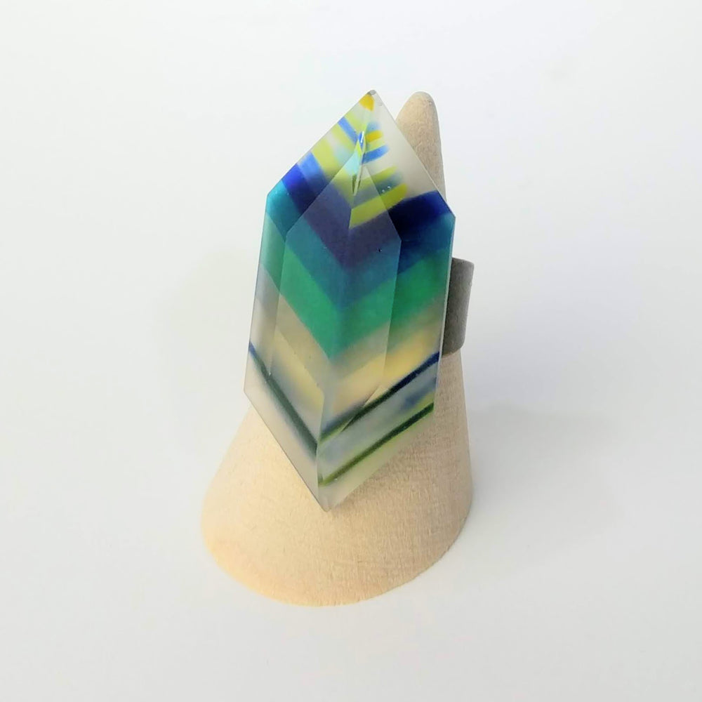 Clear Blue Stripe Statement Ring, Cocktail Ring, Chunky Ring, Glass Ring, Big Bold Adjustable Ring