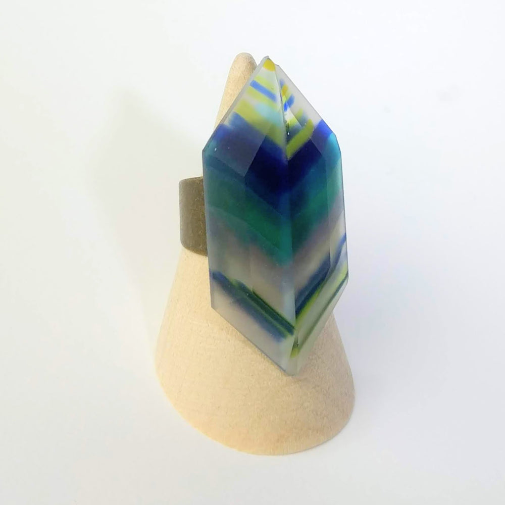 Clear Blue Stripe Statement Ring, Cocktail Ring, Chunky Ring, Glass Ring, Big Bold Adjustable Ring