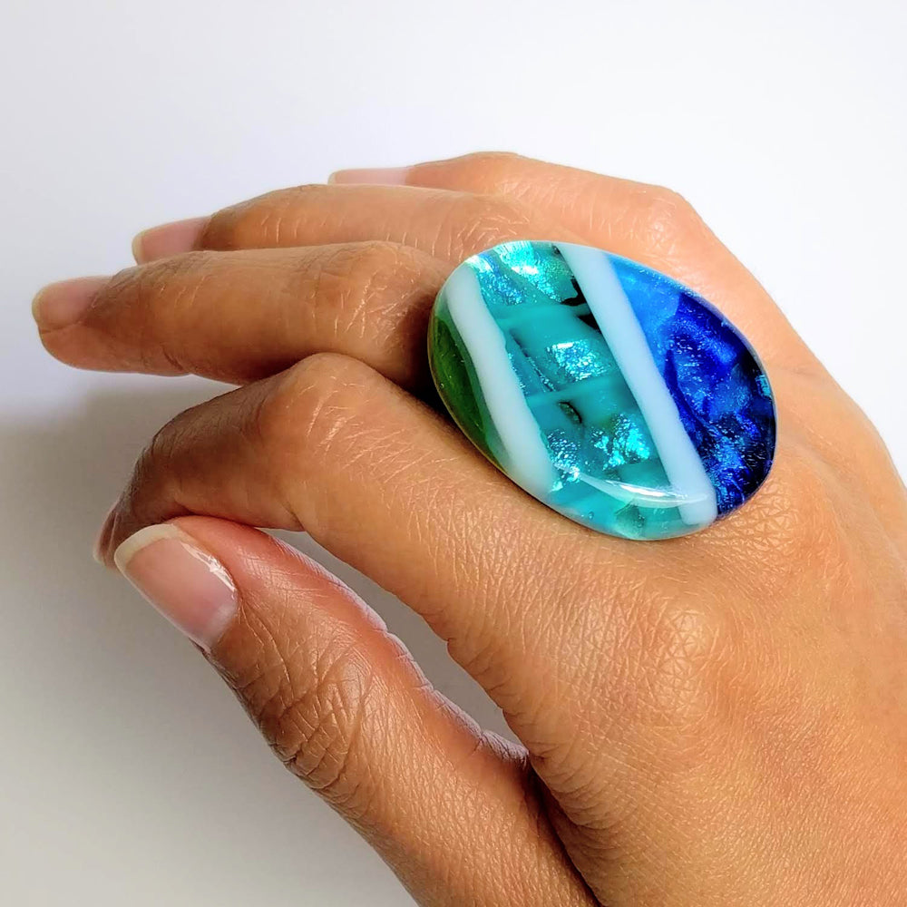 Blue Stripe Statement Ring, Cocktail Ring, Chunky Ring, Glass Ring, Big Bold Adjustable Ring