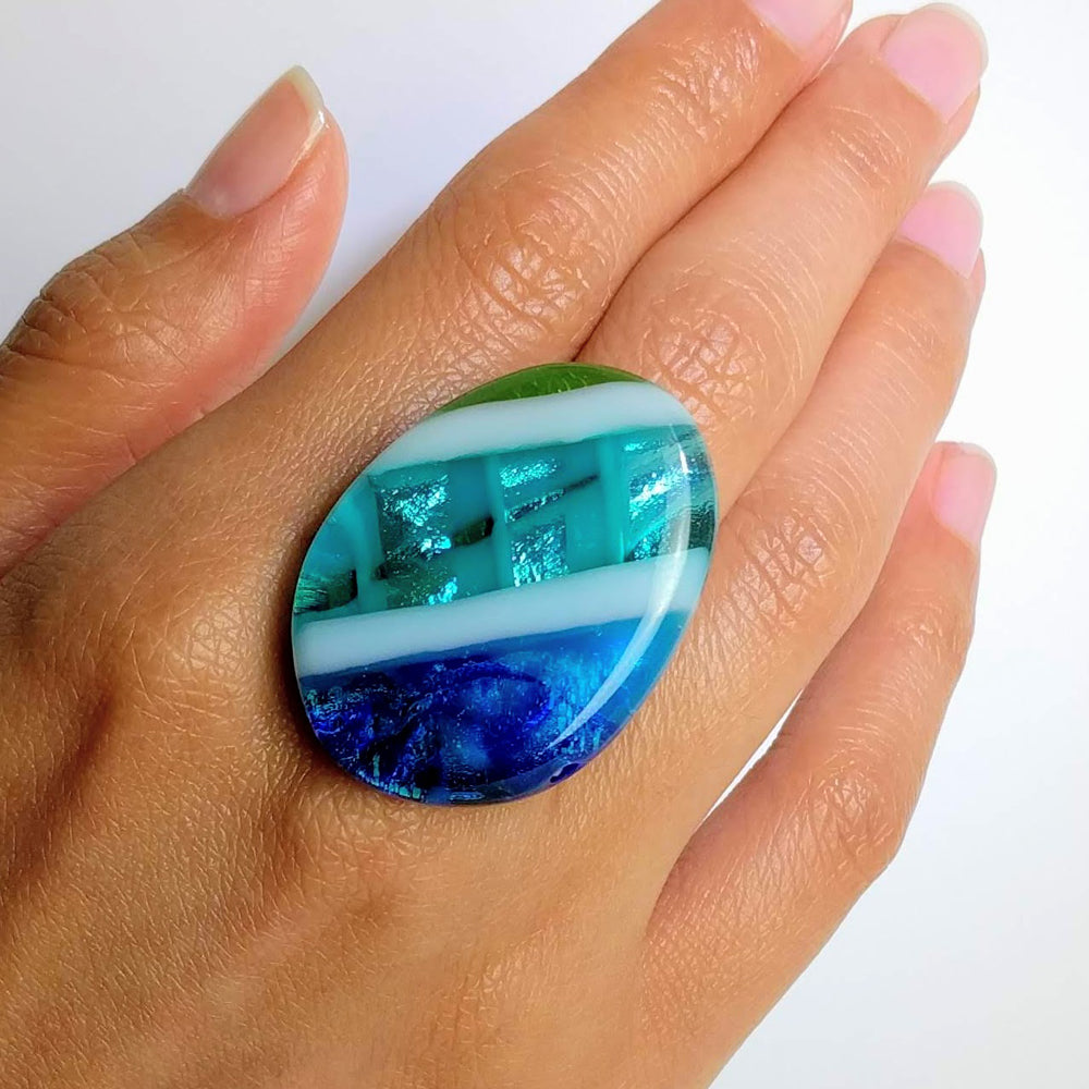 Blue Stripe Statement Ring, Cocktail Ring, Chunky Ring, Glass Ring, Big Bold Adjustable Ring