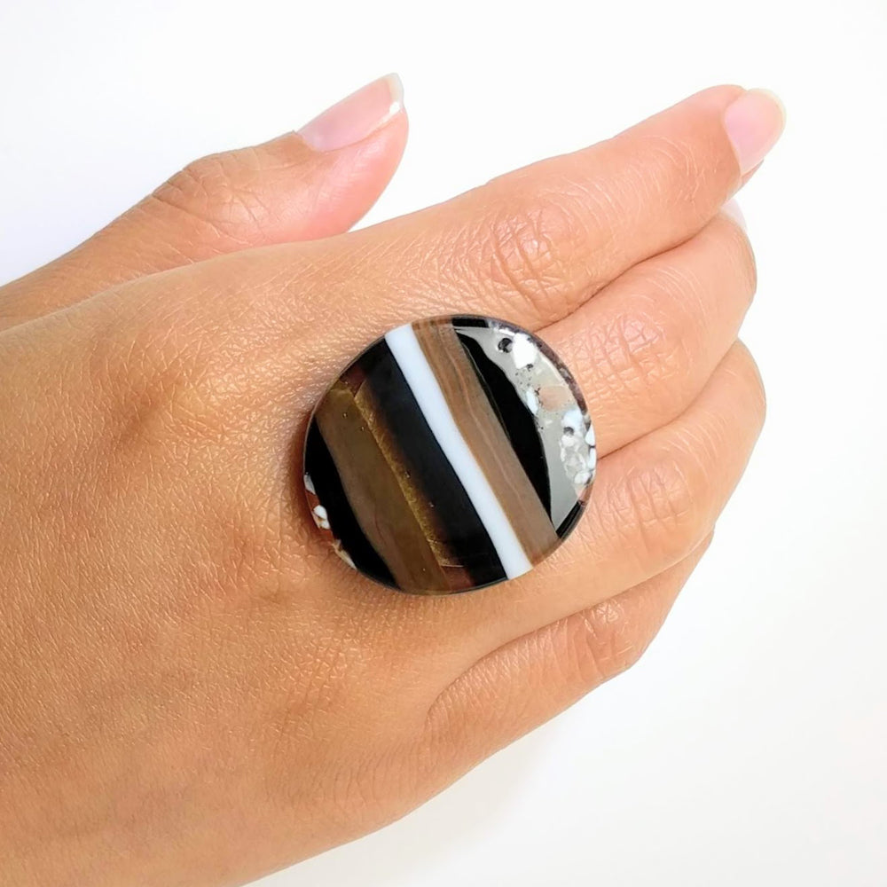 Brown And Black Statement Ring, Cocktail Ring, Chunky Ring, Glass Ring, Big Bold Adjustable Ring
