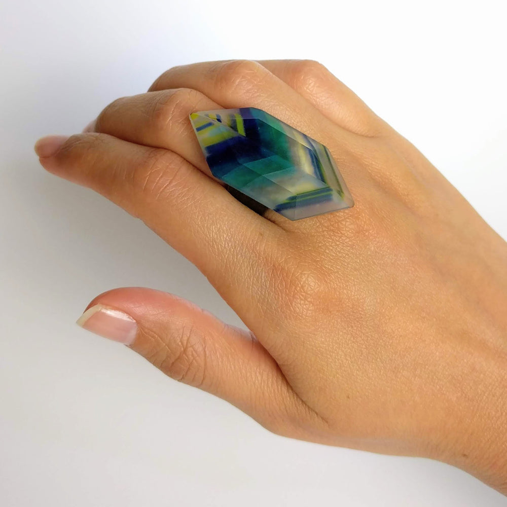 Clear Blue Stripe Statement Ring, Cocktail Ring, Chunky Ring, Glass Ring, Big Bold Adjustable Ring
