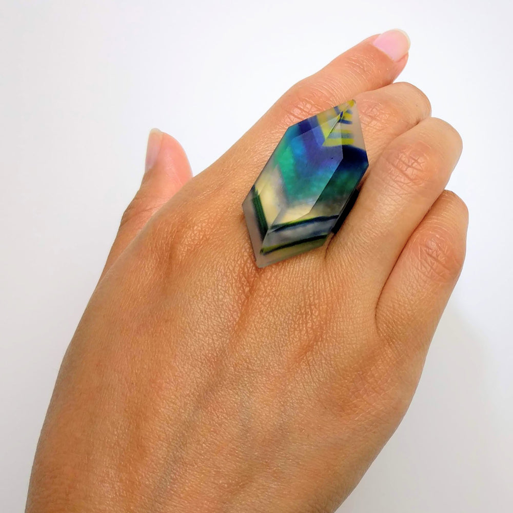 Clear Blue Stripe Statement Ring, Cocktail Ring, Chunky Ring, Glass Ring, Big Bold Adjustable Ring