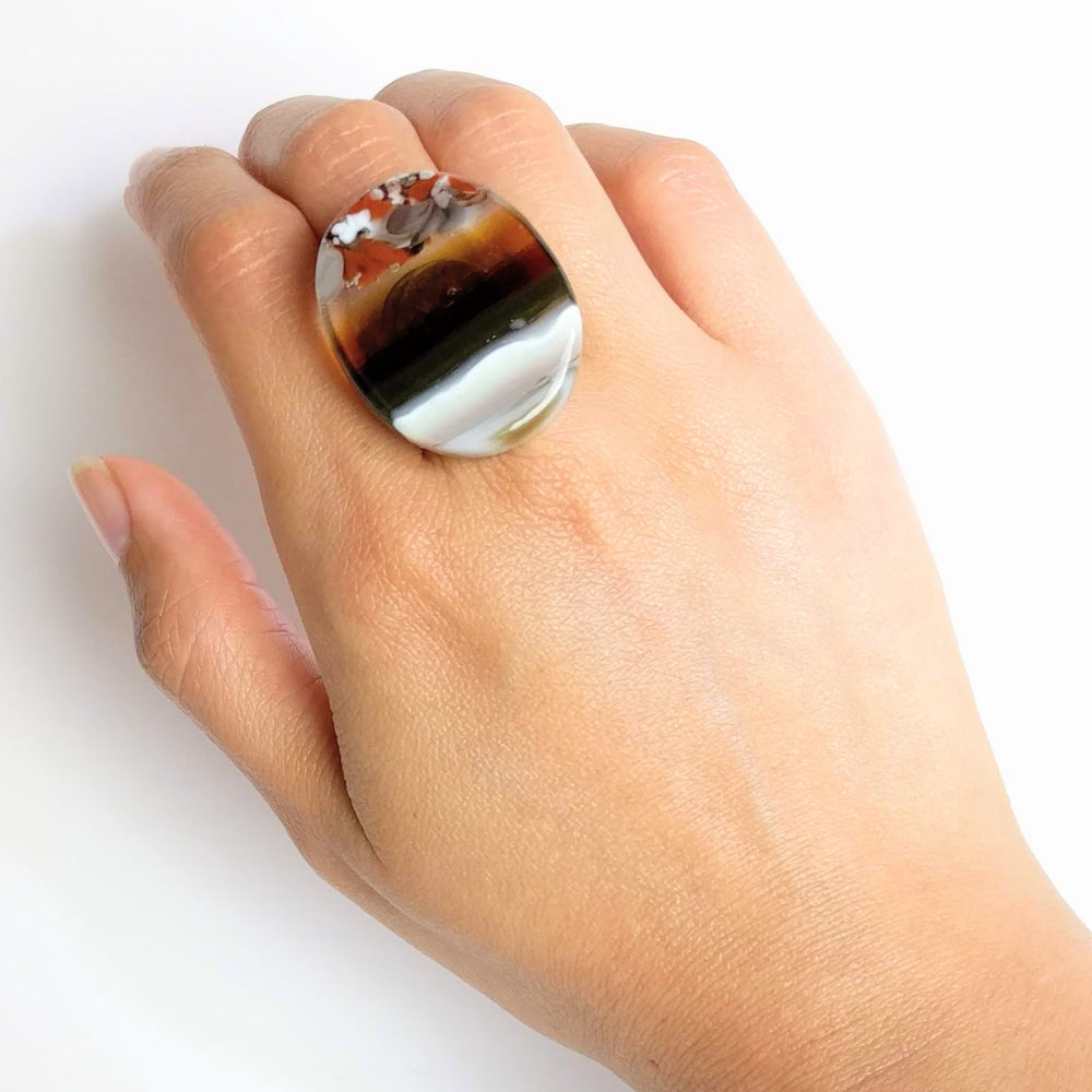 Brown And White Statement Ring, Cocktail Ring, Chunky Ring, Glass Ring, Big Bold Adjustable Ring