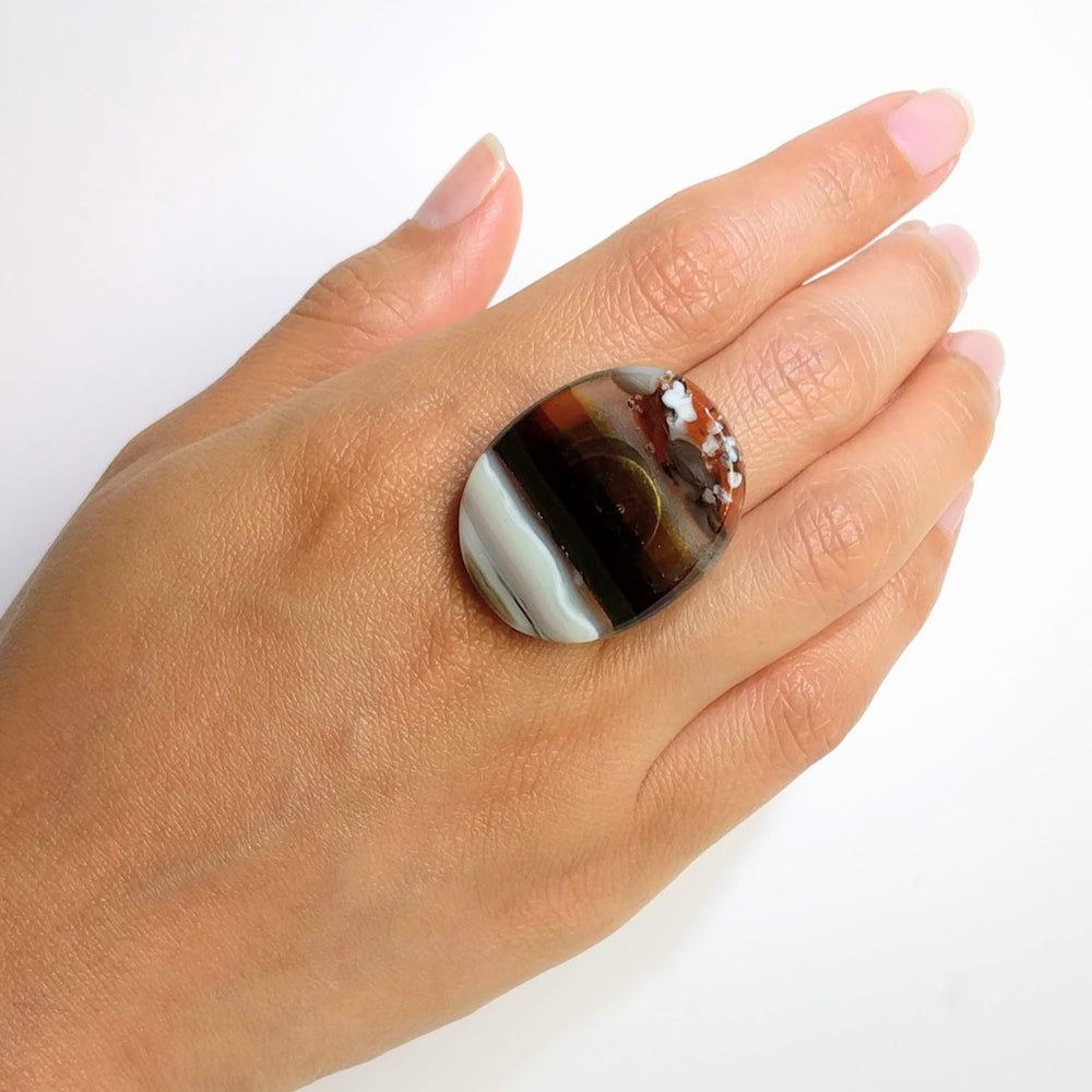 Brown And White Statement Ring, Cocktail Ring, Chunky Ring, Glass Ring, Big Bold Adjustable Ring
