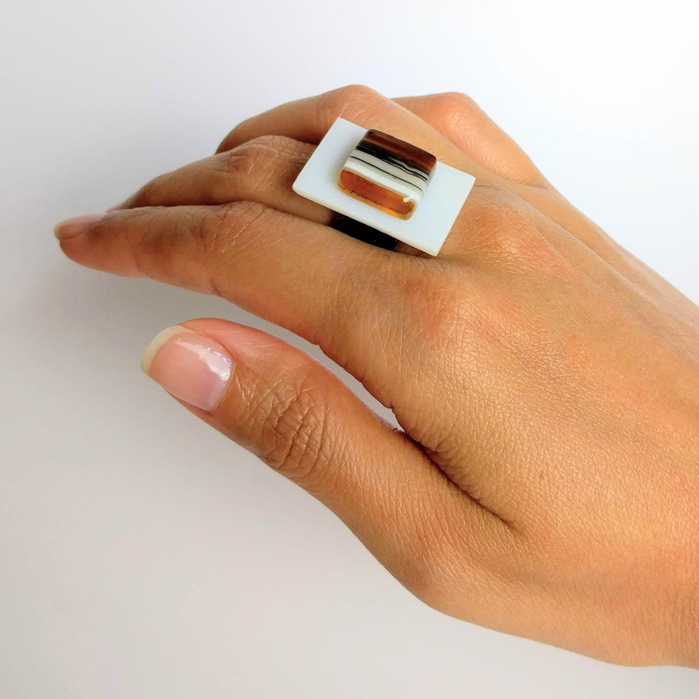 White And Amber Statement Ring, Cocktail Ring, Chunky Ring, Adjustable Ring, Minimal Ring