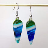 Blue White Green Aqua Stripe Dangle, Dichroic Earrings, Dichroic Jewelry, Fused Glass Earrings