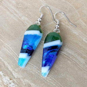 Blue White Green Aqua Stripe Dangle, Dichroic Earrings, Dichroic Jewelry, Fused Glass Earrings