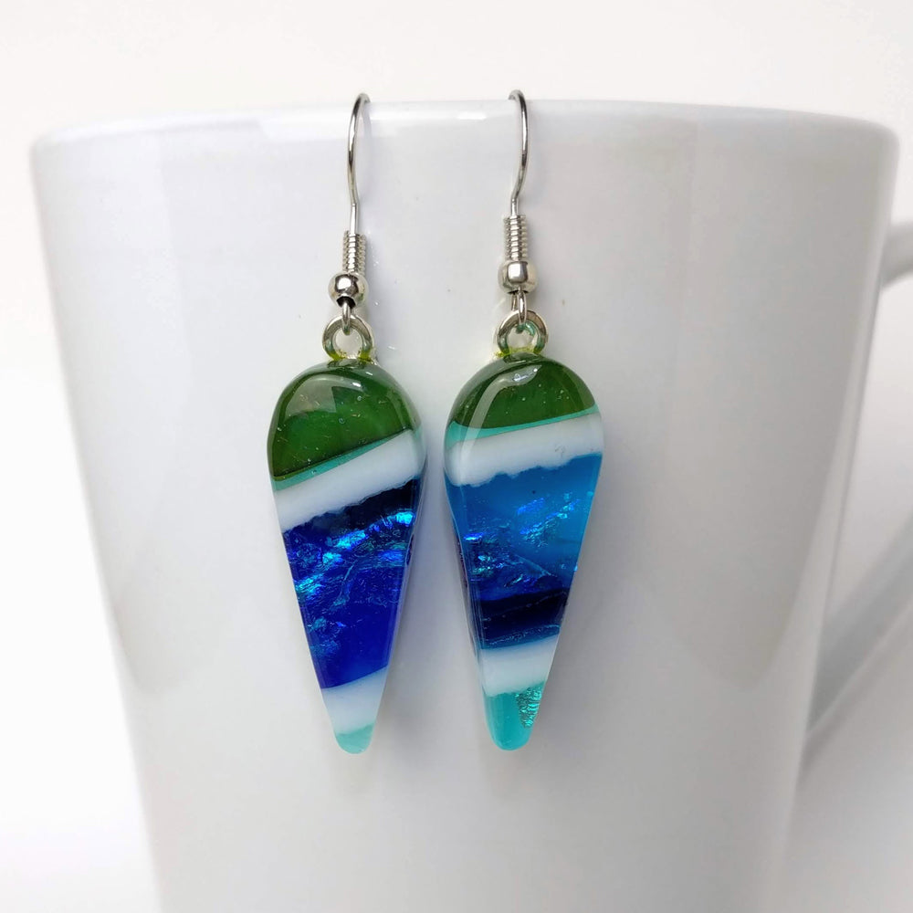 Blue White Green Aqua Stripe Dangle, Dichroic Earrings, Dichroic Jewelry, Fused Glass Earrings