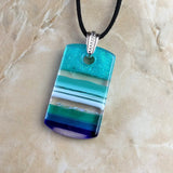Turquoise Blue White Stripe Ocean Geometric, Fused Glass Necklace, Fused Glass Pendant