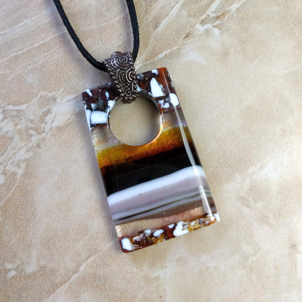 Brown Amber White Stone Sunset, Fused Glass Necklace, Fused Glass Pendant
