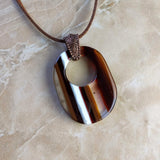 Brown Amber White Clear Stripe Oval, Fused Glass Necklace, Fused Glass Pendant
