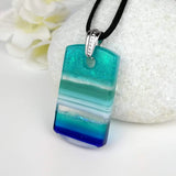Turquoise Blue White Stripe Ocean Geometric, Fused Glass Necklace, Fused Glass Pendant